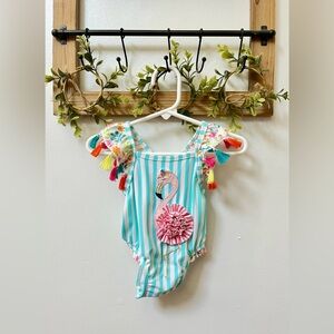 Blue and White Striped Flamingo Swimsuit with Multicolored Flowers and Tassels!